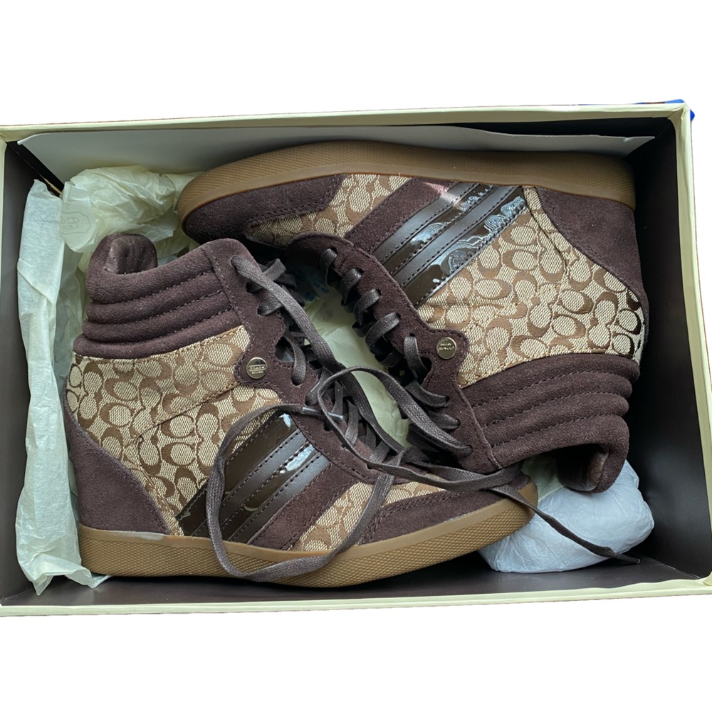 Coach Alara Brown Signature Canvas Wedge Sneakers